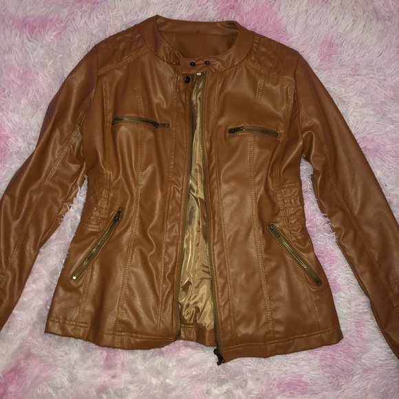 Brown leather jacket with zip in hoodie - Picture 2 of 7